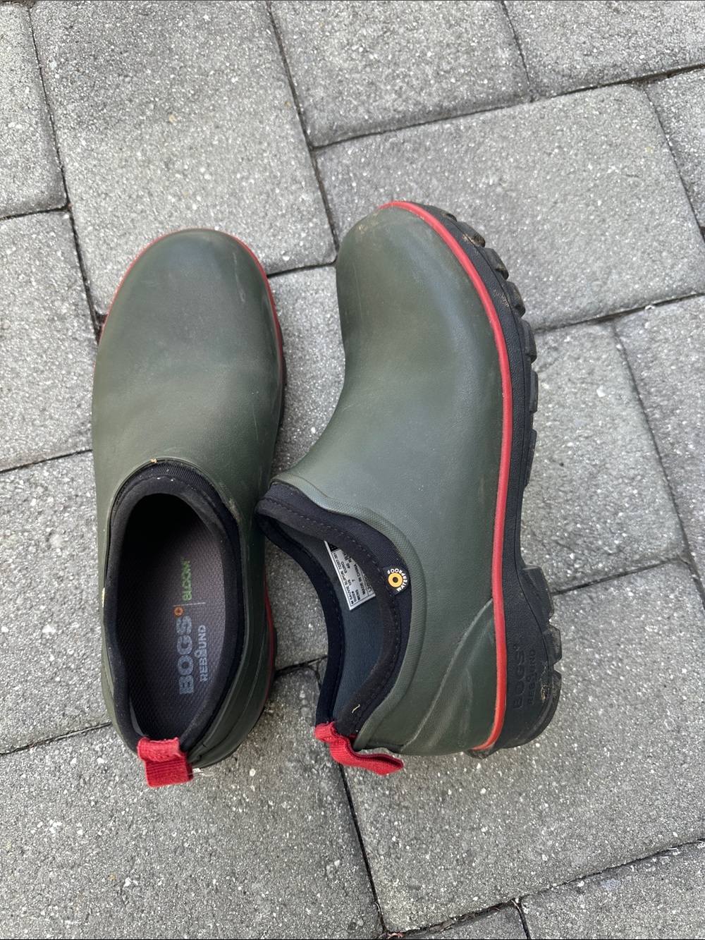 Bogs Men's Olive Green Waterproof Slip-On Boots with Red Trim